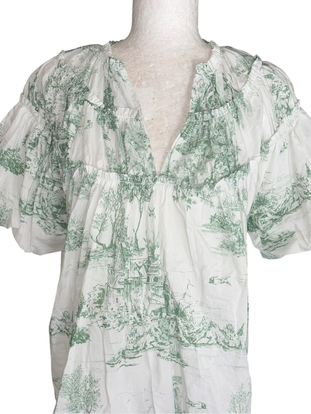 LN Umgee Green White Toile Print Puff Sleeve Poplin Blouse in Sea Green - S - Picture 4 of 13